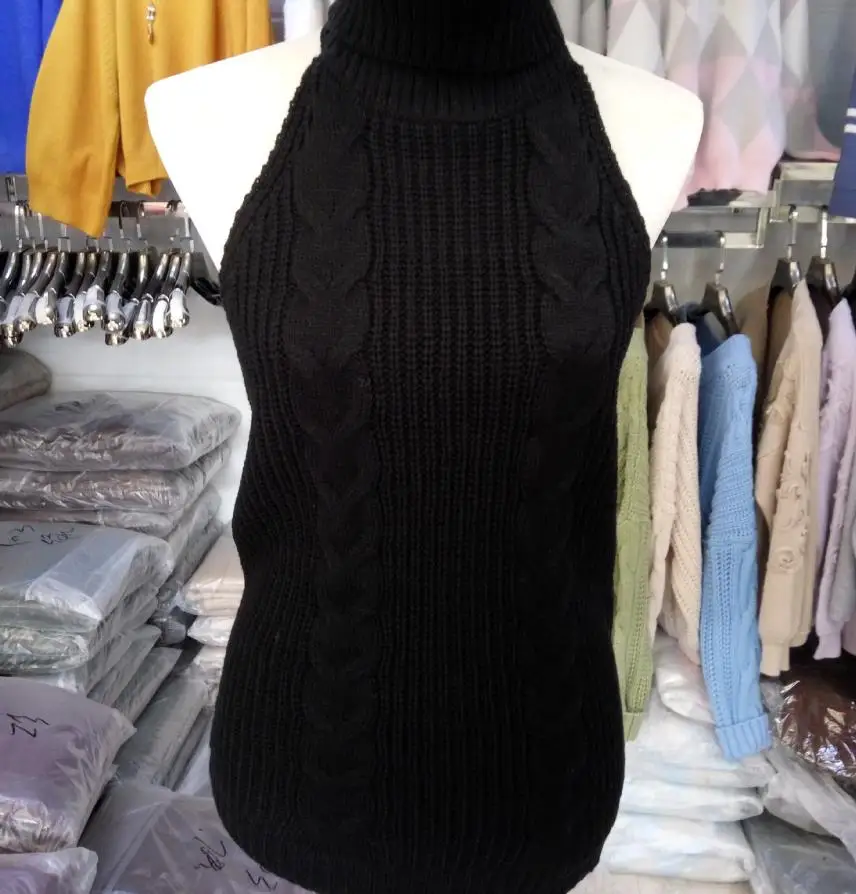 Свитер весенний сексуальный топ с бретельками и высоким воротником без рукавов вязаный пуловер 201826 - Цвет: Черный