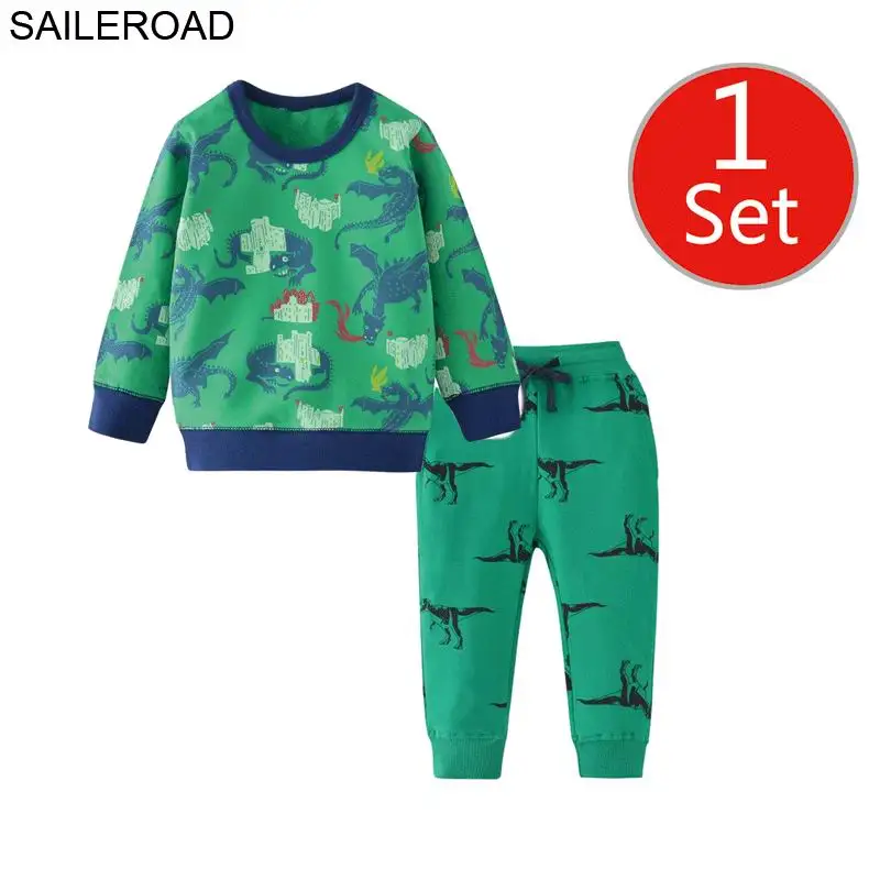 Beste SAILEROAD Dinosaurus Print Kostuums voor Jongens Lange Mouwen Outfits Herfst tweedelige Peuter Jongen Kleding Sets Katoenen Kleding Set