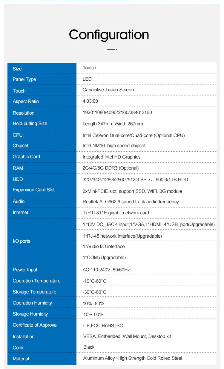 Intel Celeron N2840 15 ''промышленная Панель PC емкостный Сенсорный экран Оперативная память DDR3 8 GB SSD 64 GB Dual-core Mini PC Win10 с Wi-Fi