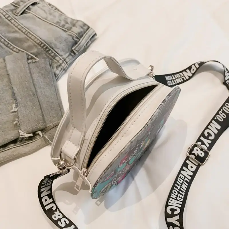 All-match Crossbody Shoulder Bag Wide Shoulder Strap Printed Small Round Graffiti Bag Fashion Women Leather Messenger Totes Bags All-match Crossbody Shoulder Bag Wide Shoulder Strap Printed Small Round Graffiti Bag Fashion Women Leather Messenger Totes Bags