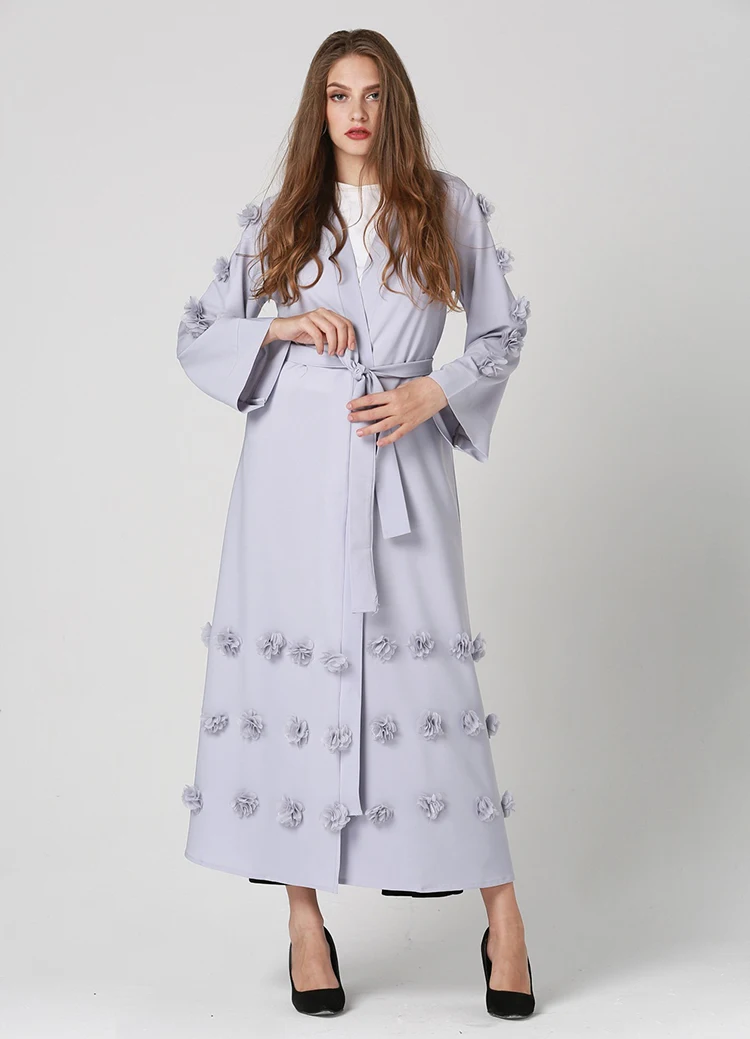 Women slim elegant muslim dress gray flowers abaya islamic clothing