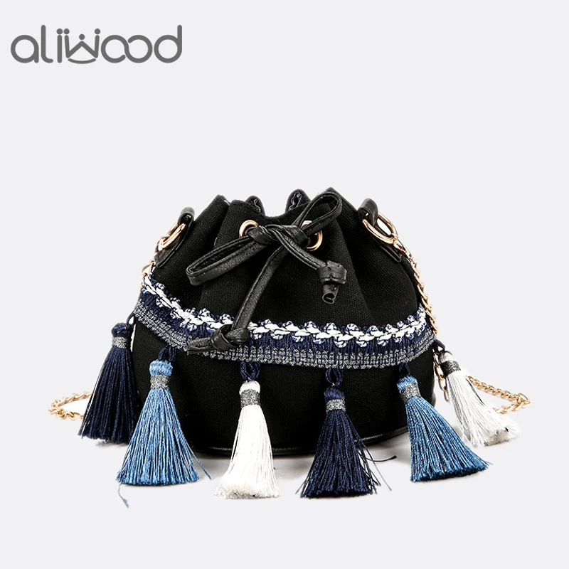 Aliwood Chain Tassel Women Bucket bag National Style Ladies&#39; Shoulder Messenger Bags Canvas Mini ...