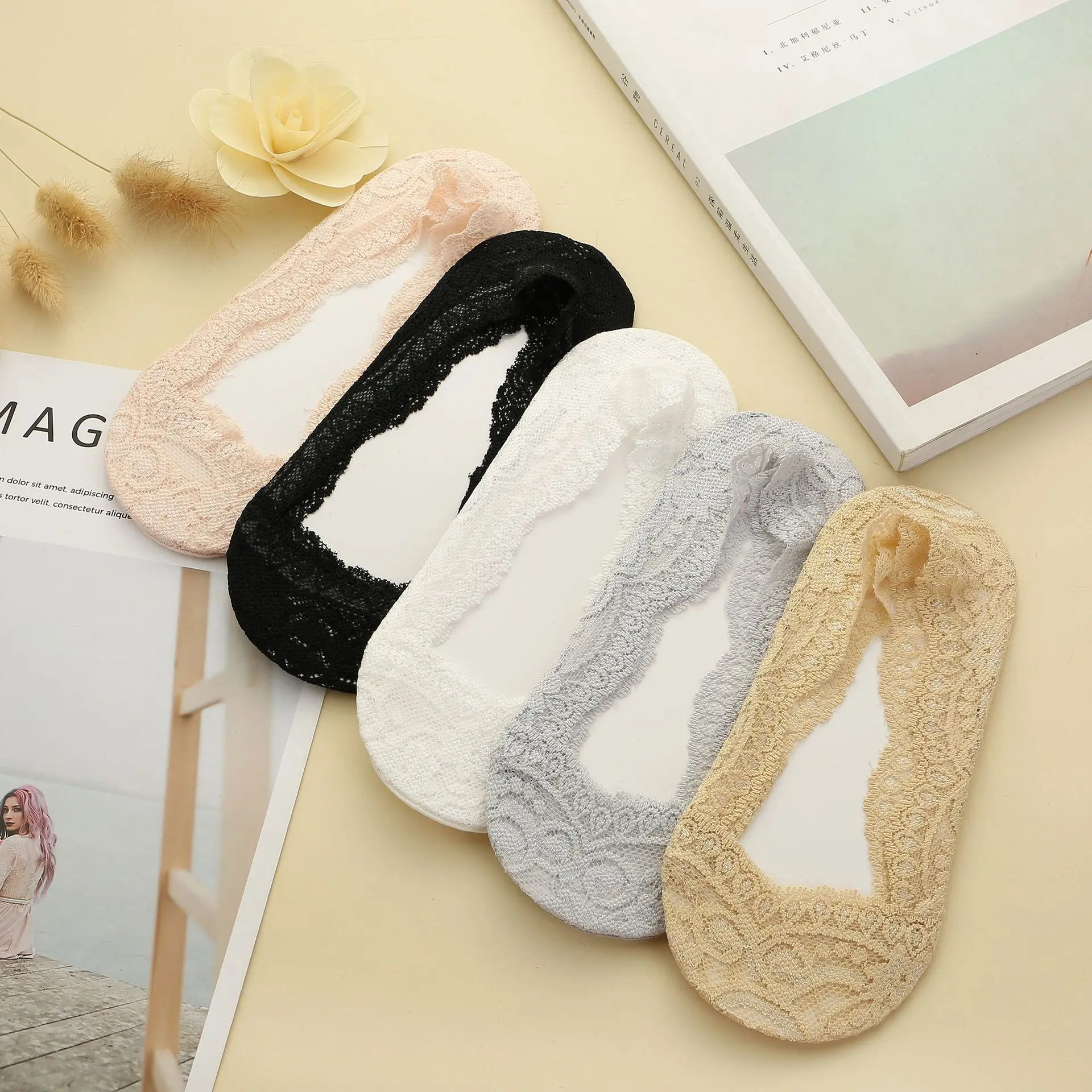 5 пар/упак. летние женские кружевные носки лодочки из силикагеля невидимые