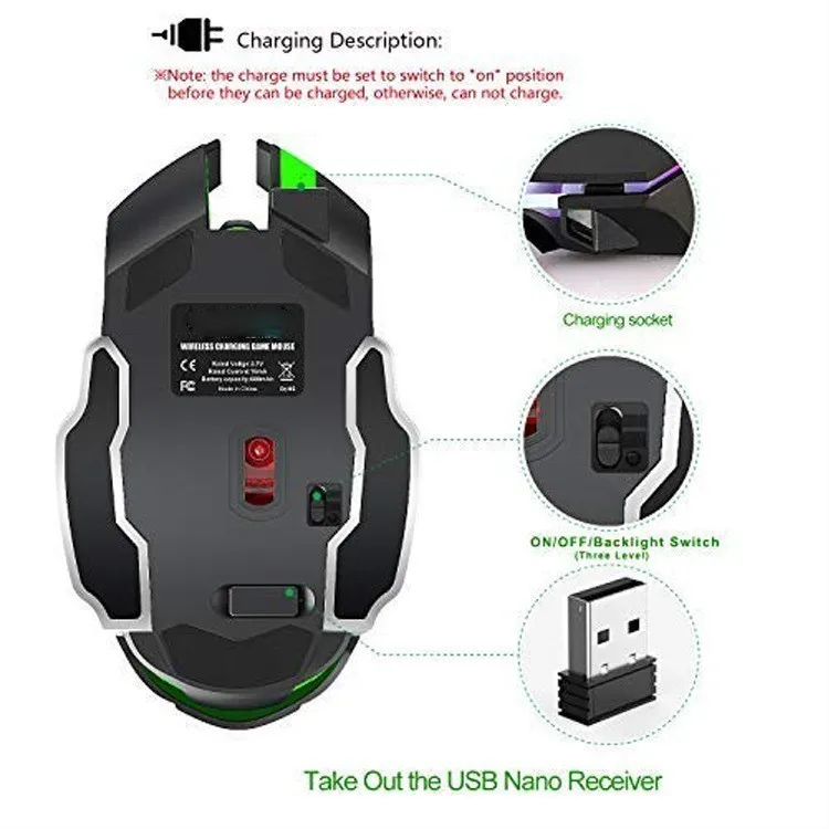 Wireless Rechargeable Gaming Mouse Sem Fio Backlight Optical Silent 1800DPI USB 2.4G Mice Game Maus