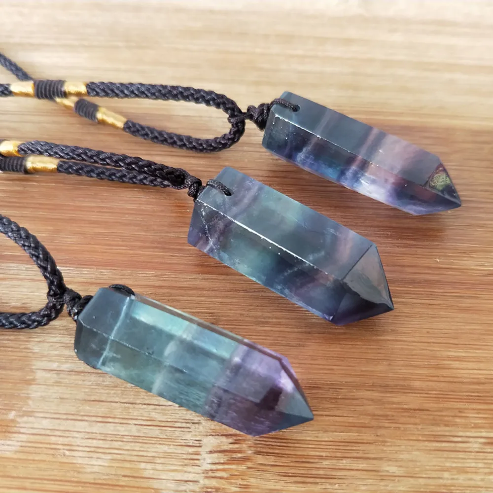 

Natural Fluorite Quartz Crystal Stone Colorful Striped Column Pendant Point Healing Stone Hexagonal Quartz Wand Treatment Stone