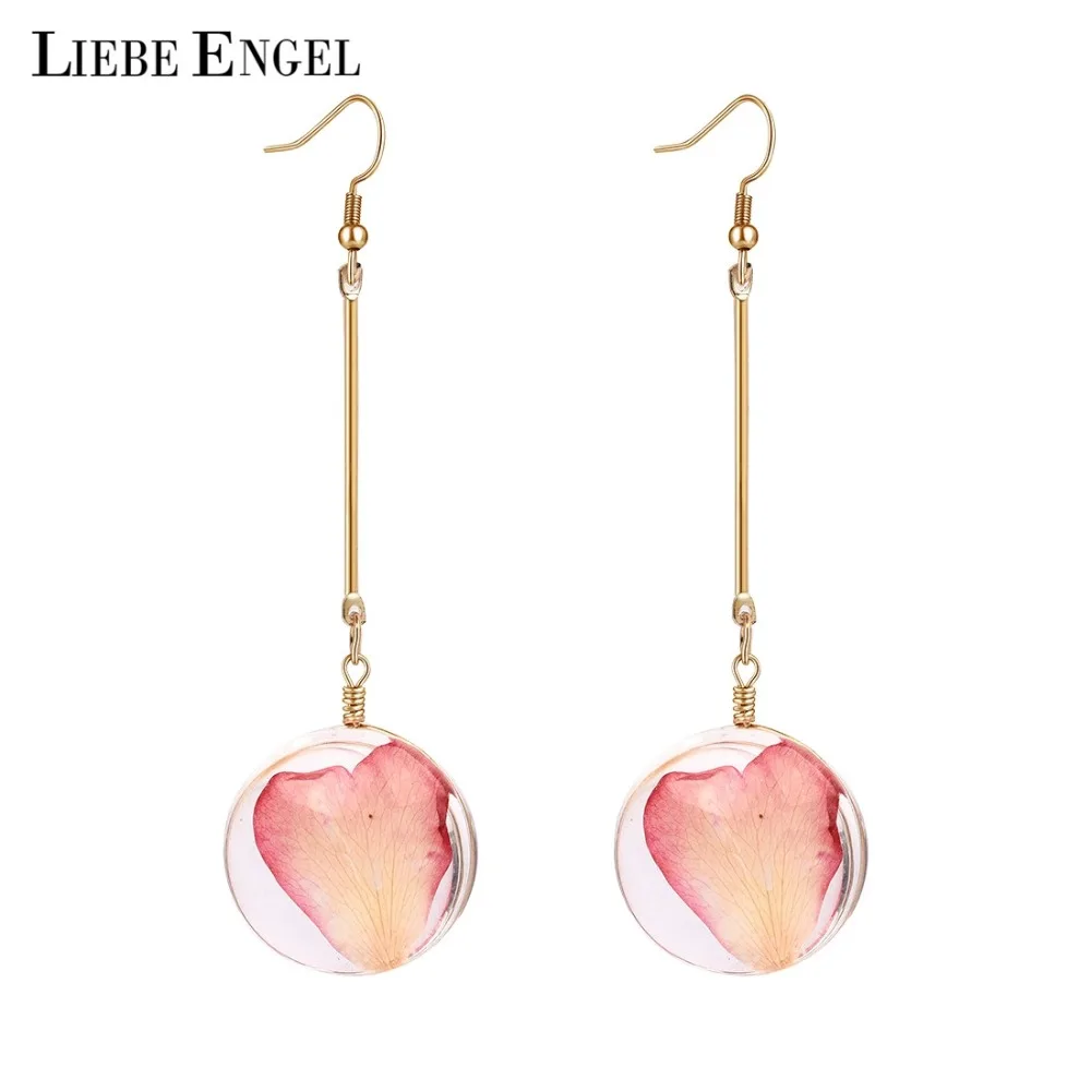 

LIEBE ENGEL Minimalism Romantic Resin Earrings Heart-Shape Real Flower Drop Earrings Gold Color Connector Style Jewelry For Girl