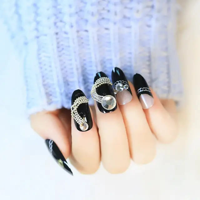 Online Shop 1 Set 24pcs Long Black False Nails Big Diamond Stone