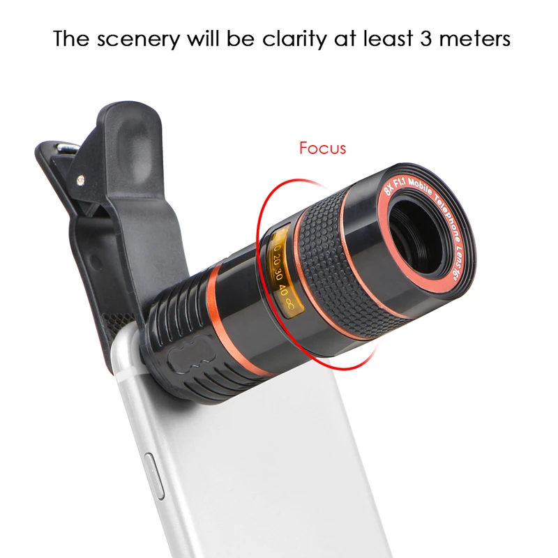 8X Telephoto Zoom Lenses Telescope Fisheye Wide Angle Macro lens With Clips Tripod Selfie Stick For Smartphone Cell Phone Lentes