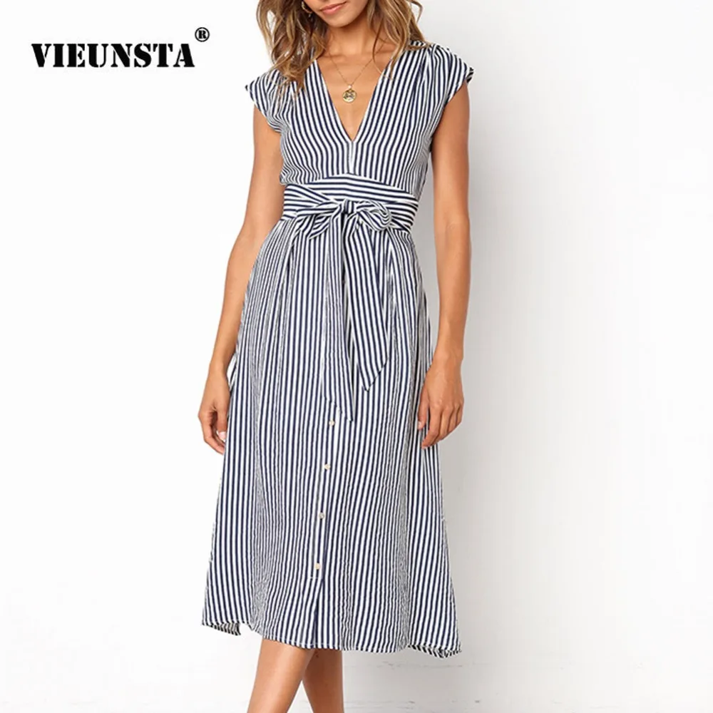 

VIEUNSTA Summer Spring V-neck Striped Dress Women Vintage Button Lace Up Bow Party Dress Elegant Sleeveless Midi Dresses Vestido
