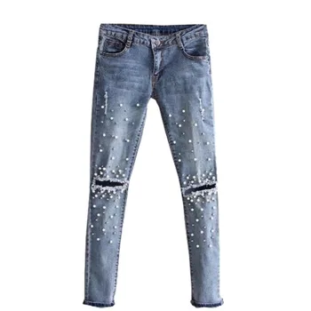 

Women Light Wash Knee Hole Beading Jeans Casual Denim Embroidered Flares Pencil Pants Low Waist Scratched Vintage Trousers