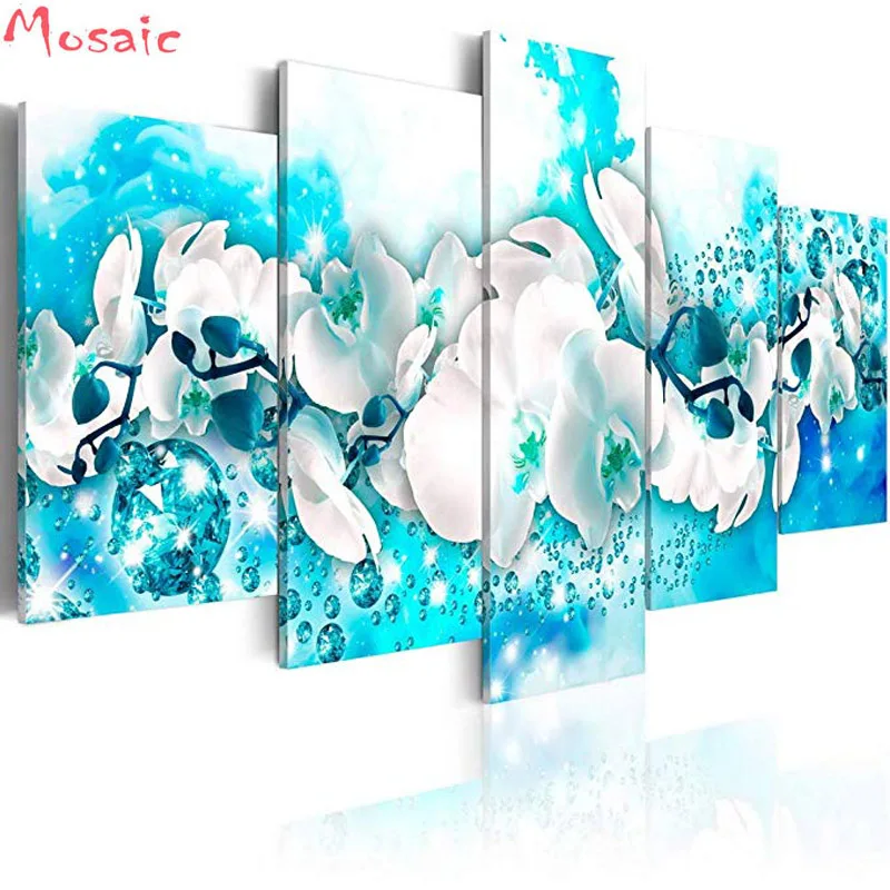 

diamond painting 5 pcs White Flower Art Paintings Blue Canvas Wall Artwork Magnolia Picture Embroidery mosaic cross stitch gift