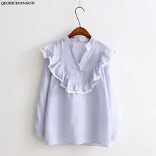 Long sleeve shirt women 2017 spring autumn fashion stand collar fresh blue striped ruffle blouse cotton mori girl womens tops Long sleeve shirt women 2017 spring autumn fashion stand collar fresh blue striped ruffle blouse cotton mori girl womens tops
