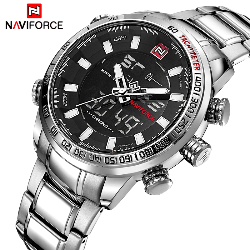 Preise NAVIFORCE Marke Männer Military Sport Uhren Herren LED Analog Digital Uhr Männlichen Armee Edelstahl Quarz Uhr Mit Box Set Für verkauf