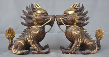 

old china fengshui bronze gilt Dragon Head Beast Kirin Kylin Unicorn Statue Pair