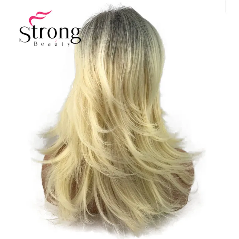 Очень красивые, Длинные блонд омбре с темными корнями из искусственных волос полный парик порывистый слоев откиньте парики