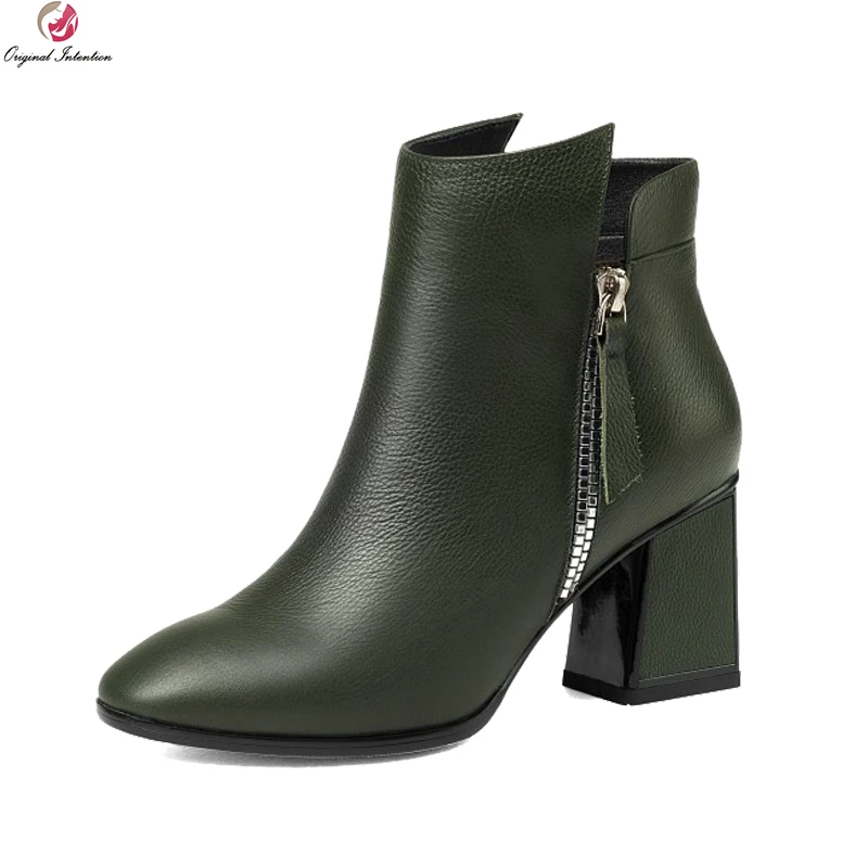 

Original Intention Stylish Women Ankle Boots Round Toe Square Heels Boots Elegant Black Army Green Shoes Woman US Size 3-10.5