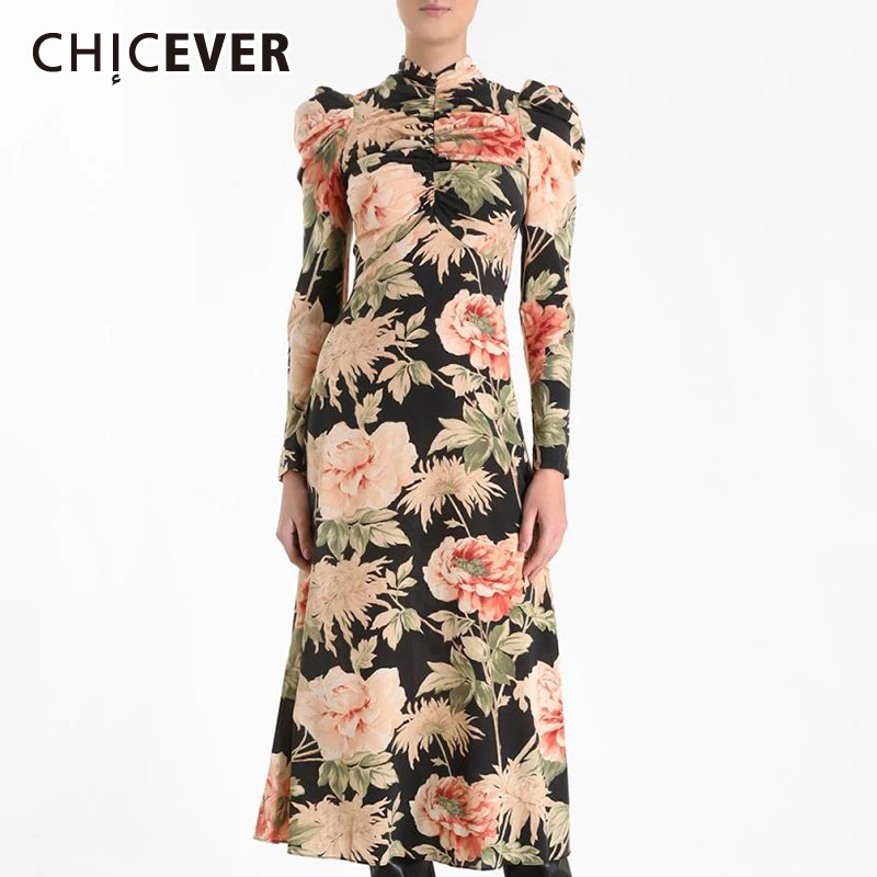 

CHICEVER Vintage Floral A Line Dress For Women Stand Collar Puff Sleeve Zipper High Waist Dresses Female Fashion New 2019 Autumn