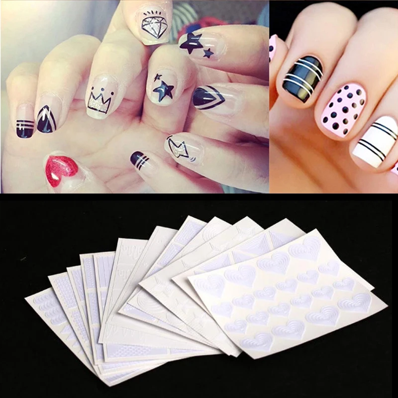 

12sheet/lot Nail Art Stickers Guide Tips Hollow Stencils Sticker French Manicure Template 3D Vinyls Decals Form Styling Tools