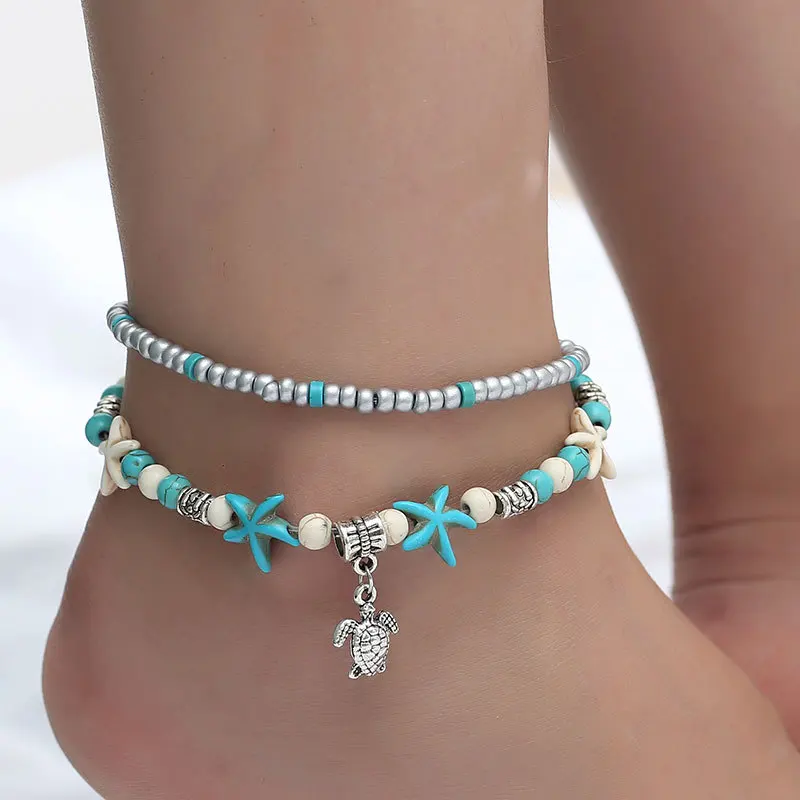 

Fashion Europe and the United States Mizhu Yoga Turtle Anklet Beach Starfish Imitation Pearl Retro Wave Anklet Jewelry