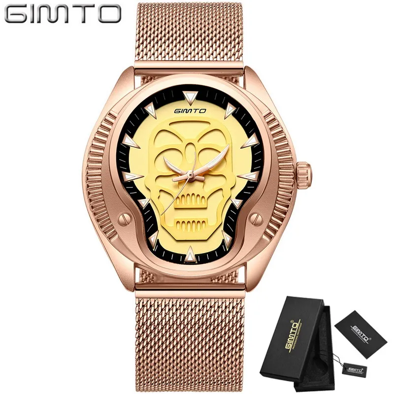 GIMTO золотой череп мужской роскошный бренд часов Уникальный Панк 3D Скелет Мужские повседневные кварцевые наручные часы винтажные стальные электронные часы - Цвет: Rose Gold Box