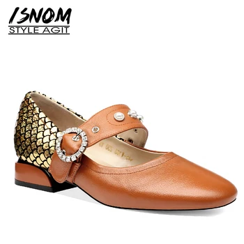 

ISNOM Genuine Leather Pumps Women Square Toe Crystal Footwear Low Heels Shoes Female Print Mary Jane Shoes Woman 2019 Spring