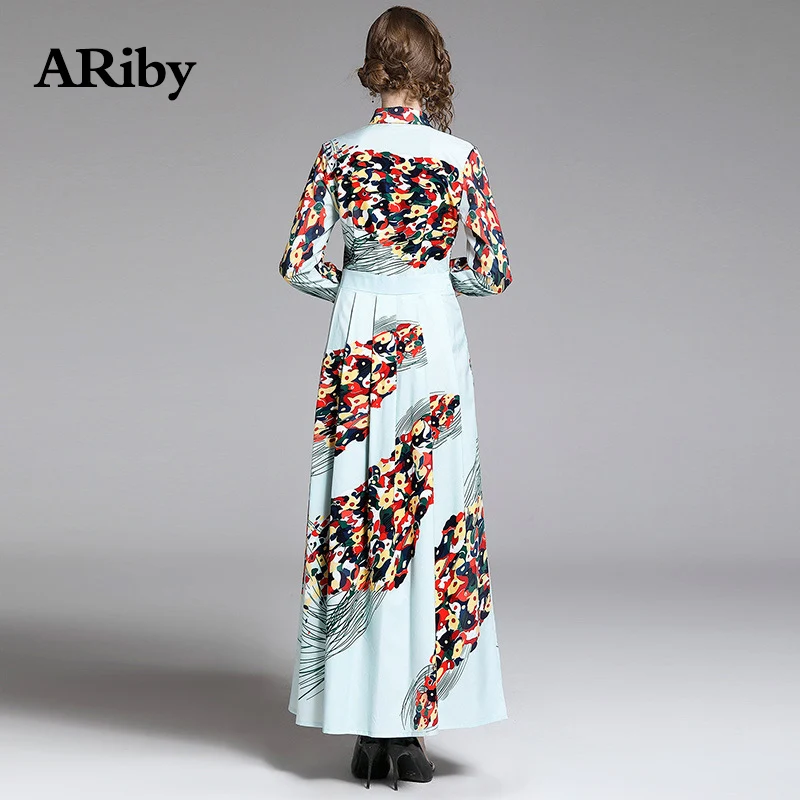 Turn-down Collar Dress Women Long Maxi Dress 2019 Spring/summer New Fashion Vintage Patchwork Print A-Line Slim Dress Vestidos