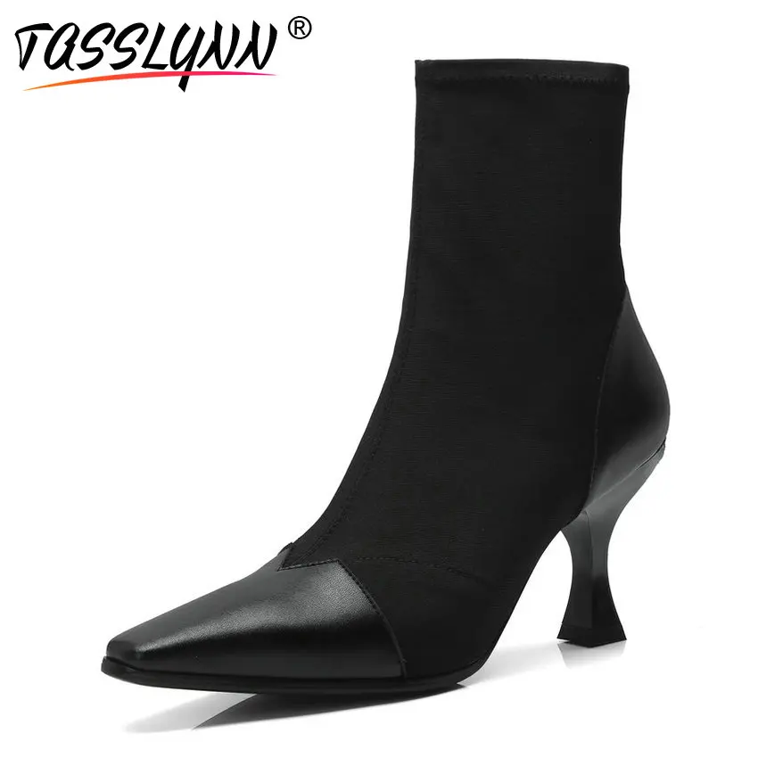 

TASSLYNN 2018 Women Ankle Boots Patchwork Style PU Stretch Fabric Autumn Boots Fashion Square Toe Slip on Shoes Woman Size 34-39