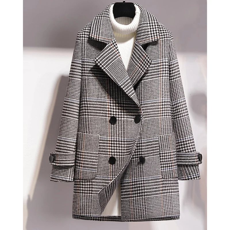 Новое зимнее шерстяное пальто с гусиной лапой Женская куртка для отдыха женское Свободное пальто большого размера шерсятнное пальто тонкая Смешанная верхняя одежда T29