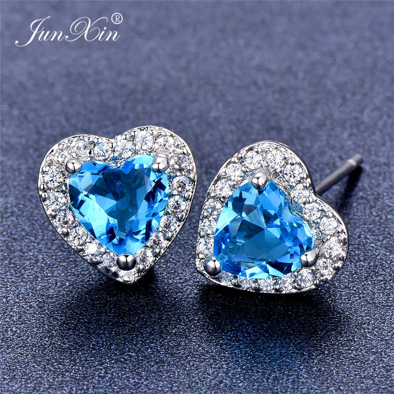 

Luxury Female Light Blue Stud Earrings Fashion 925 Silver Heart Earrings For Women Vintage Wedding Jewelry