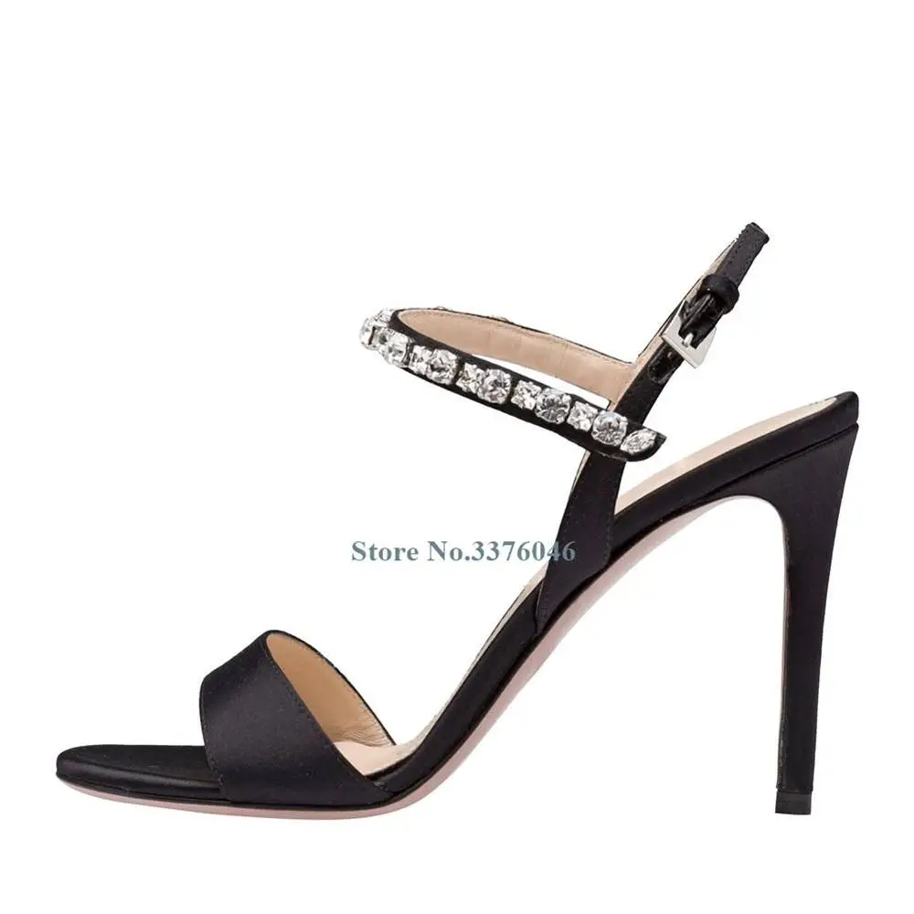 

Black Peep Toe Diamond High Heel Stiletto Sandals Glittering Rhinestone Shinning Fashion Sexy Banquet Shoes Ankle Strap Plus