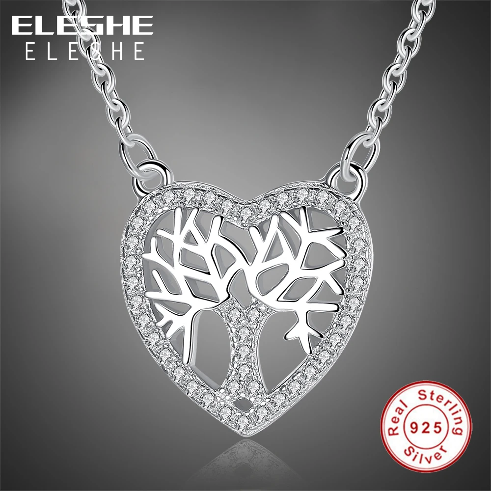 ELESHE Romantic Real 925 Sterling Silver Crystal Heart Shape Tree of Life Pendant Necklaces for Women Fashion Jewelry Collares