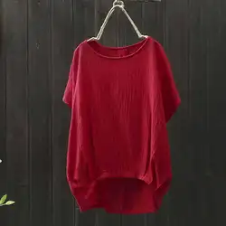 Женская винтажная Однотонная футболка большого размера, Повседневная хлопковая льняной топ с круглым вырезом, свободная футболка с