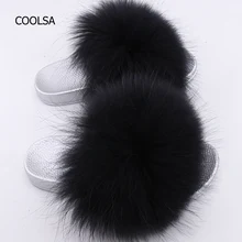 

COOLSA Women Summer Fur Slippers Women Real Raccoon Fur Slippers Non-slip Rubber Soles Fur Slippers Zapatos Mujer Flip Flops