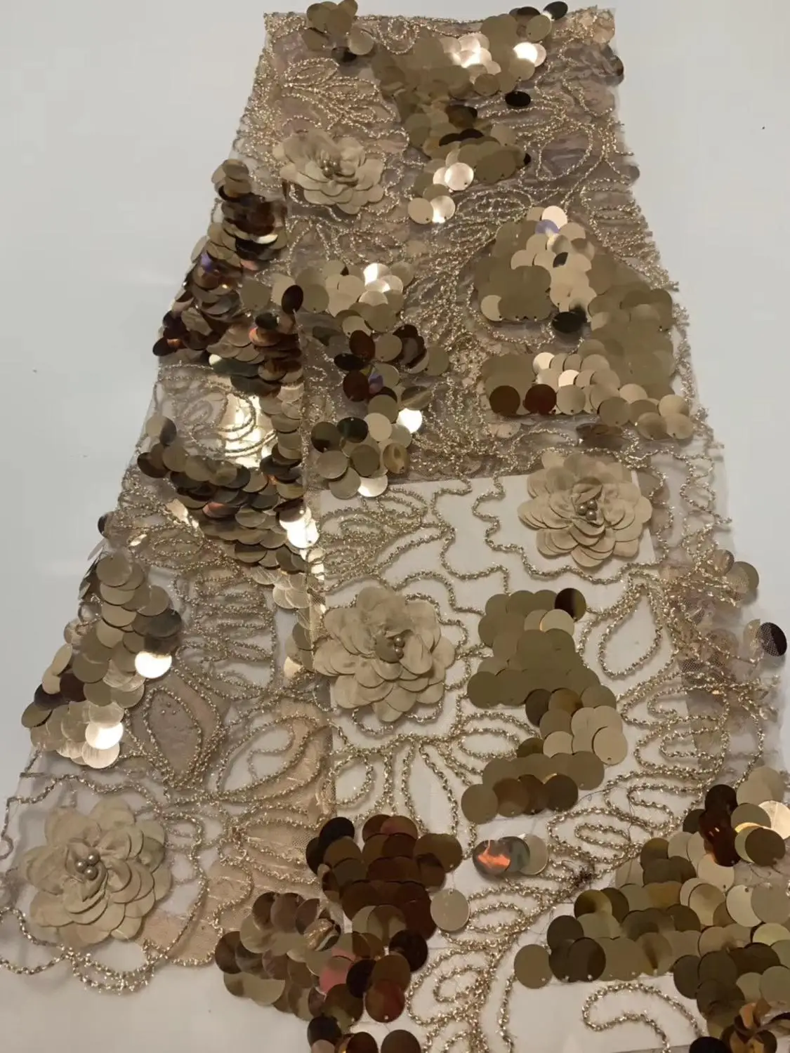 

French lace fabric 5yds/pce gold big sequins 3d petals beaded mesh fabrics women gorgeous luxury party event bright dress 2019