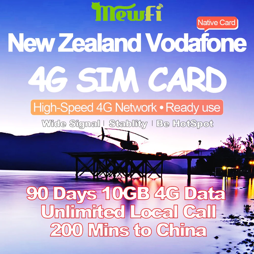 

Mewfi Vodafone Prepaid New Zealand Travel Sim Card 90 Days 10GB 4G Data+Unlimited Local Call+SMS+200 Units Call & SMS to China