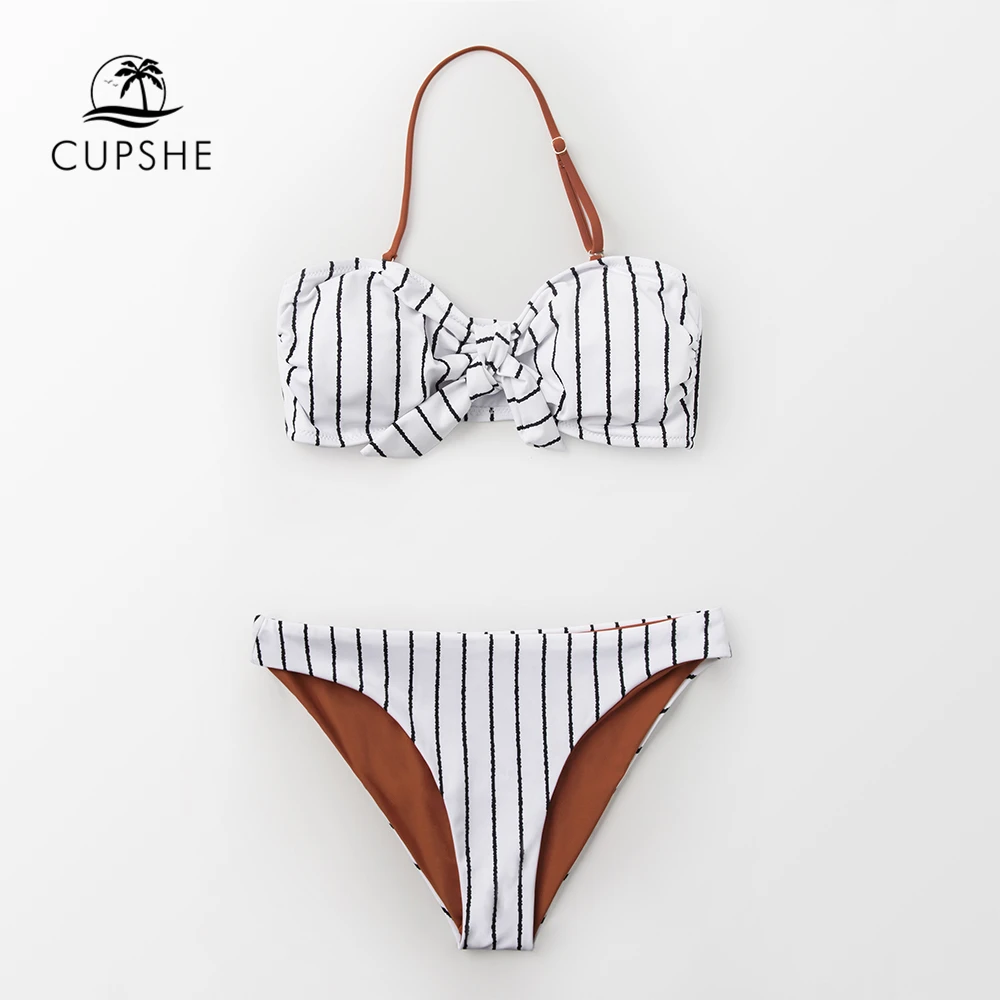 CUPSHE Black And White Striped Caramel Bandeau Bikini Sets Women Sexy ...