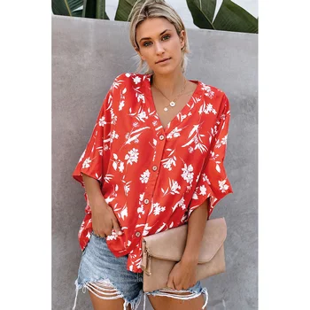 

Red White Floral Button Down Top Loose Batwing sleeves Summer Fashion Top Sexy V Neck Casual Chic Lady Tops Leisure Clothing