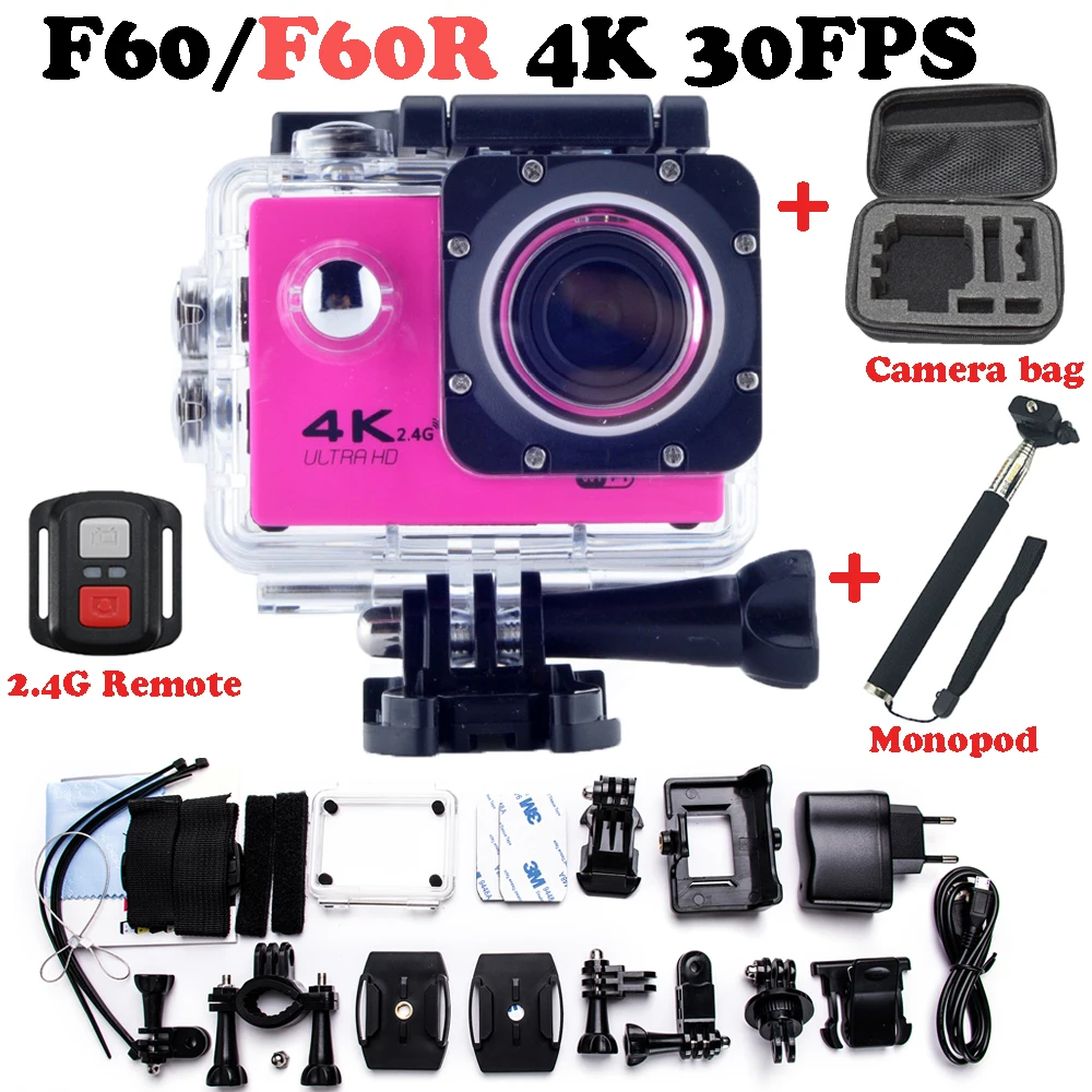 F60R Wifi 4K Action Camera go hero 4 pro style 2.0 inch screen 170 Wide Lens 30M waterproof action cam Add camera bag + Monopod