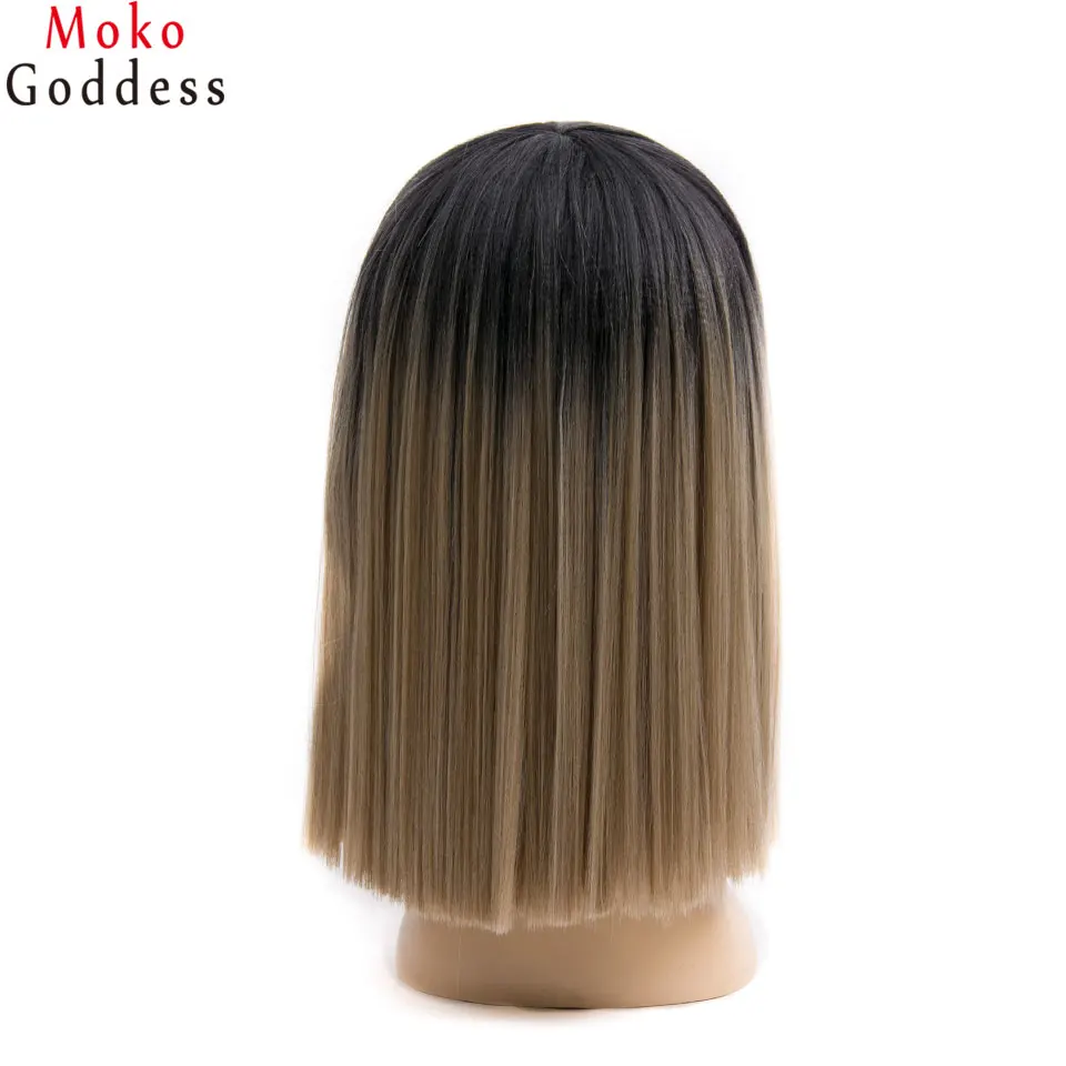 Mokogoddess 14 дюймов Синтетические волосы парики яки прямой блонд парик челка короткие боб парики для женщин - Цвет: 1B-613F