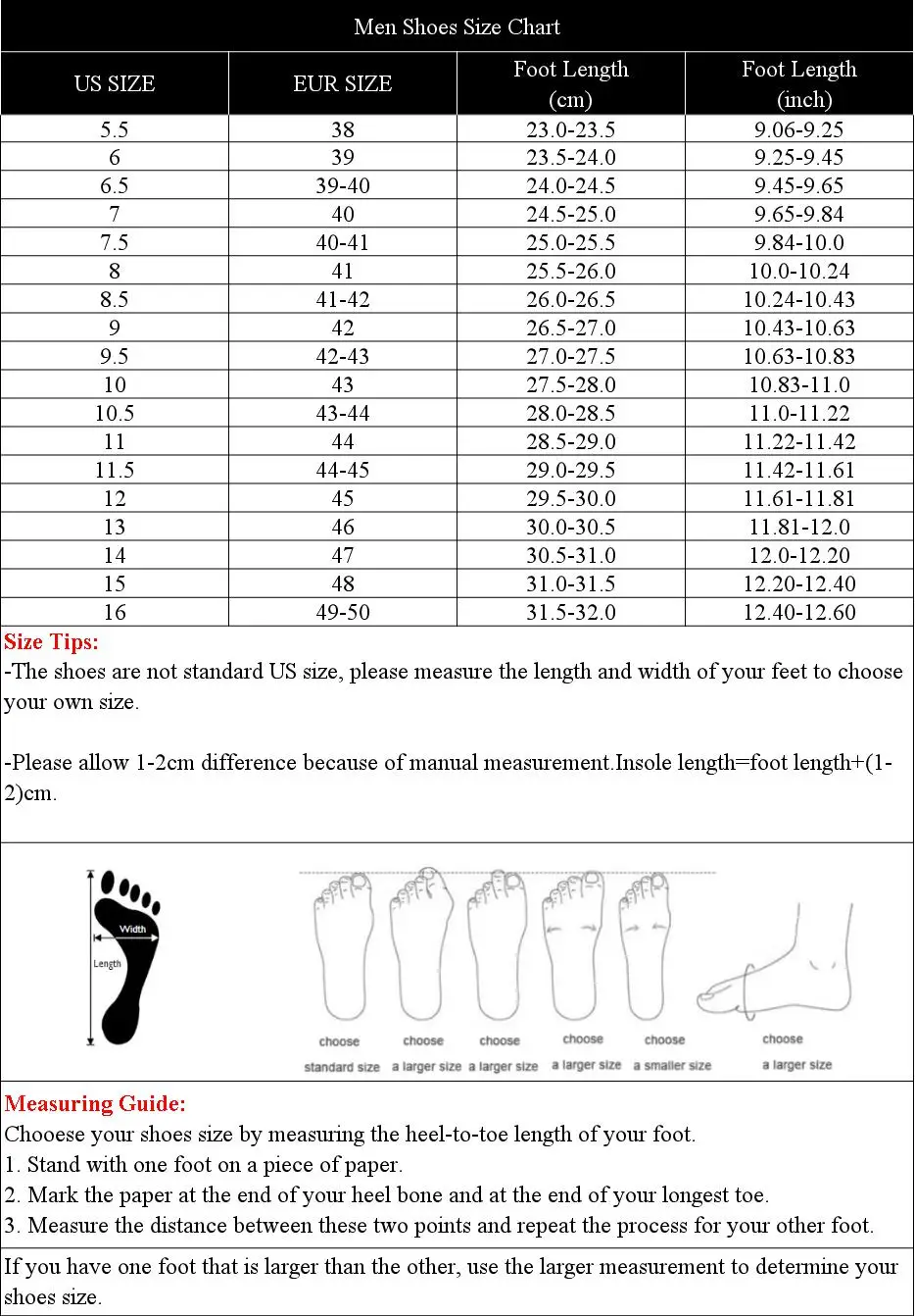 Men Shoes Size Chart