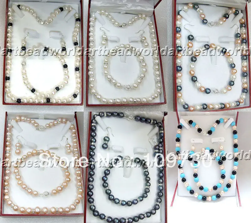 

Jewelry 00340 variations color 8-9mm freshwater pearl necklace bracelet earring hook ss925 set can choose (A0423)
