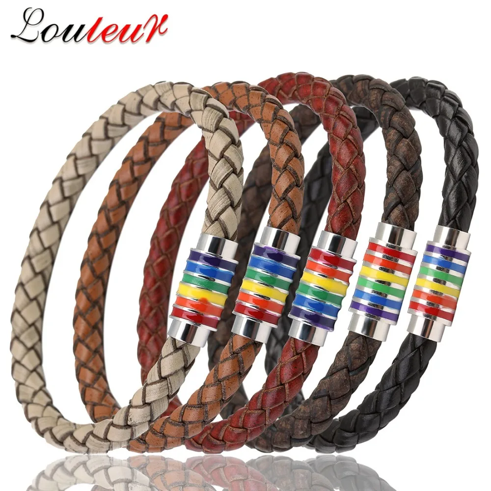 

LOULEUR Vintage Handmade Braided Rope Leather Bracelet for Men Women Rainbow Magnetic buckle Charm Bracelet pulseiras masculina