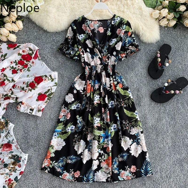 Neploe шифоновое женское платье с цветочным рисунком Лето 2019 новое v образным