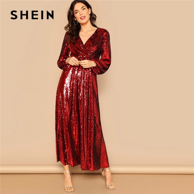 SHEIN Red High Waist V neck Wrap Front Lantern Sleeve Sequin Maxi Dress