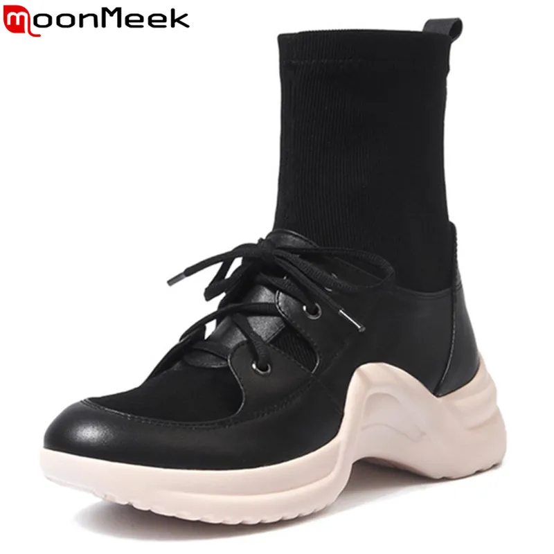 

MoonMeek 2020 fashion autumn winter boots round toe lace up ankle boots for women stretch fabric+cow leather boots platform