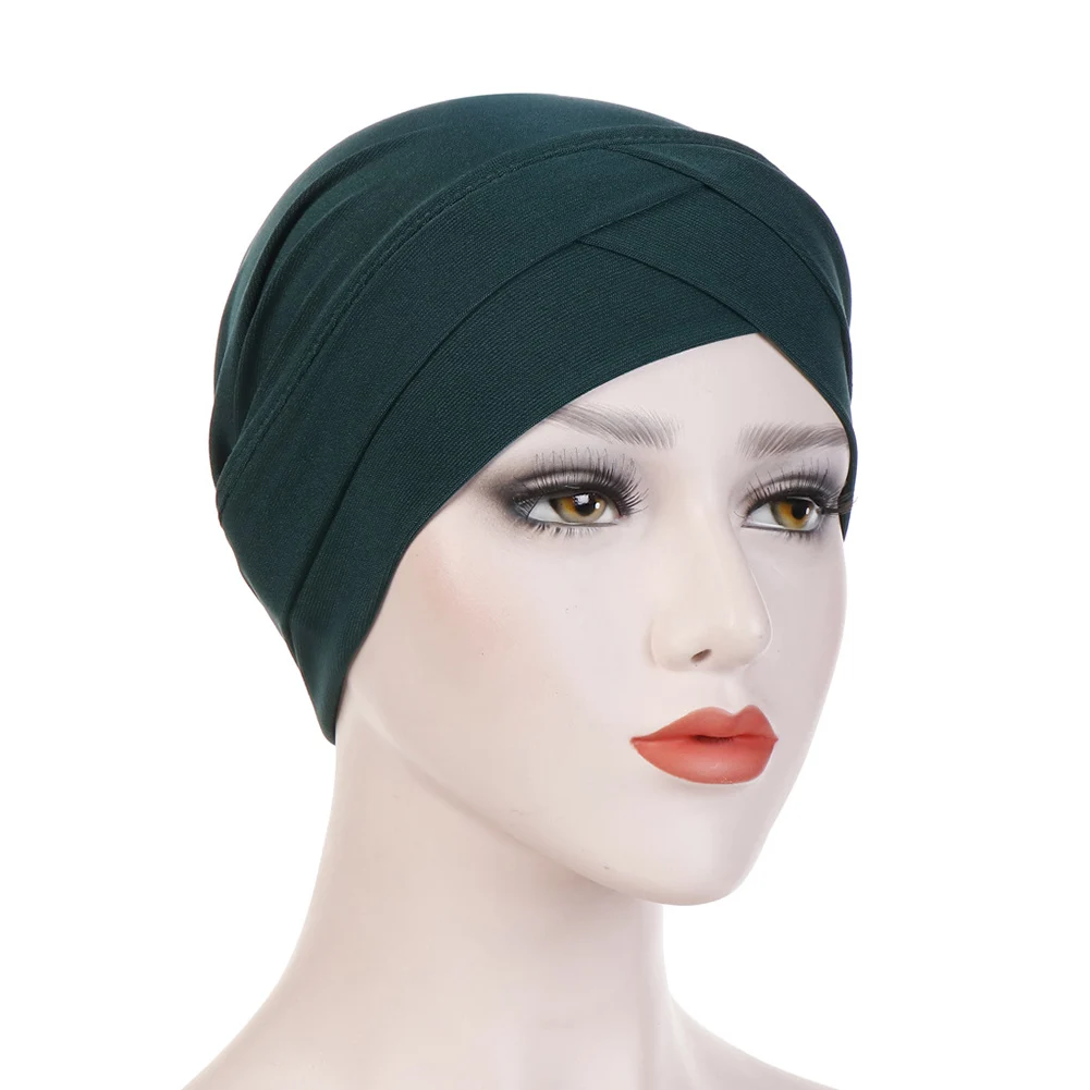 Women Muslim Hijab Scarf Inner Hijab Caps Ladies Islamic Cross Headband Turban Headwrap Hairband Women Muslim Hijab Headscarf - Цвет: dark green