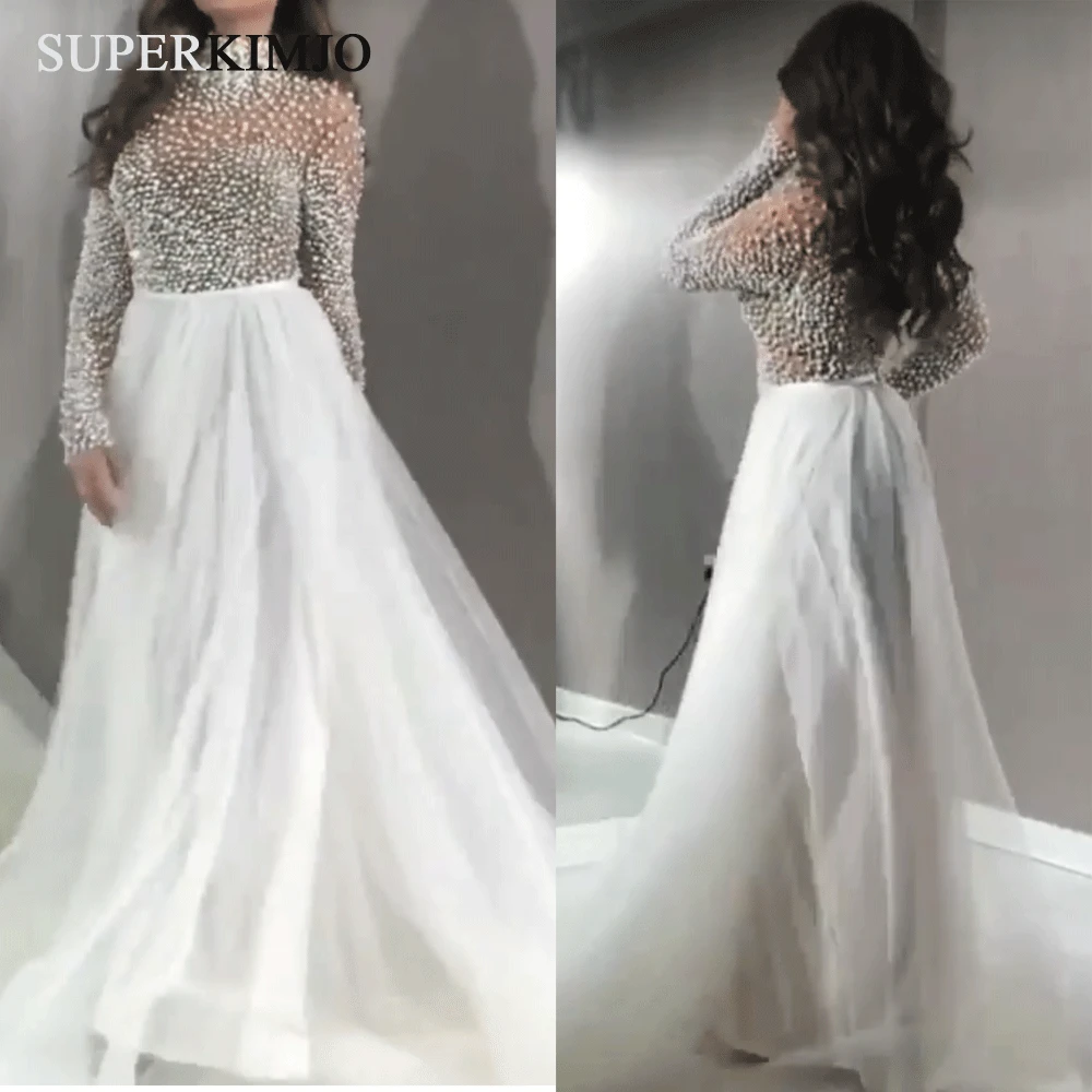

SuperKimJo High Neck White Prom Dresses Long Sleeve Beaded Arabic Elegant Prom Gown 2020 Vestidos De Gala Elegante