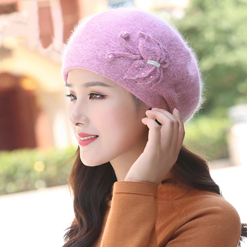 Angora Hat Women Winter Knit Cap Beanie Beret Warm Headwear Flower Casual Soft Classic Thermal Snow Outdoor Accessory