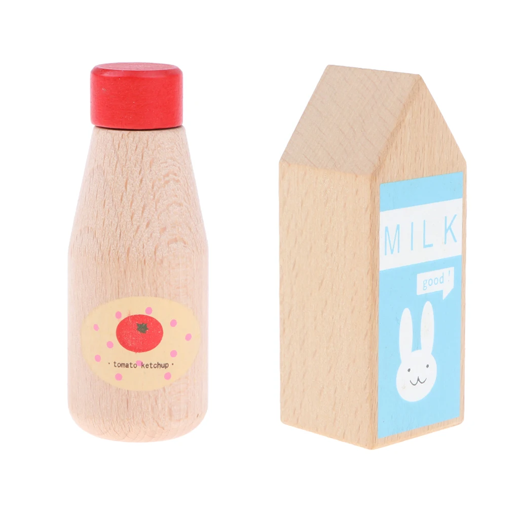 Pack of 2 Wooden Play Food Kitchen Pretend Game Toy Ketchup & Milk Bottle 