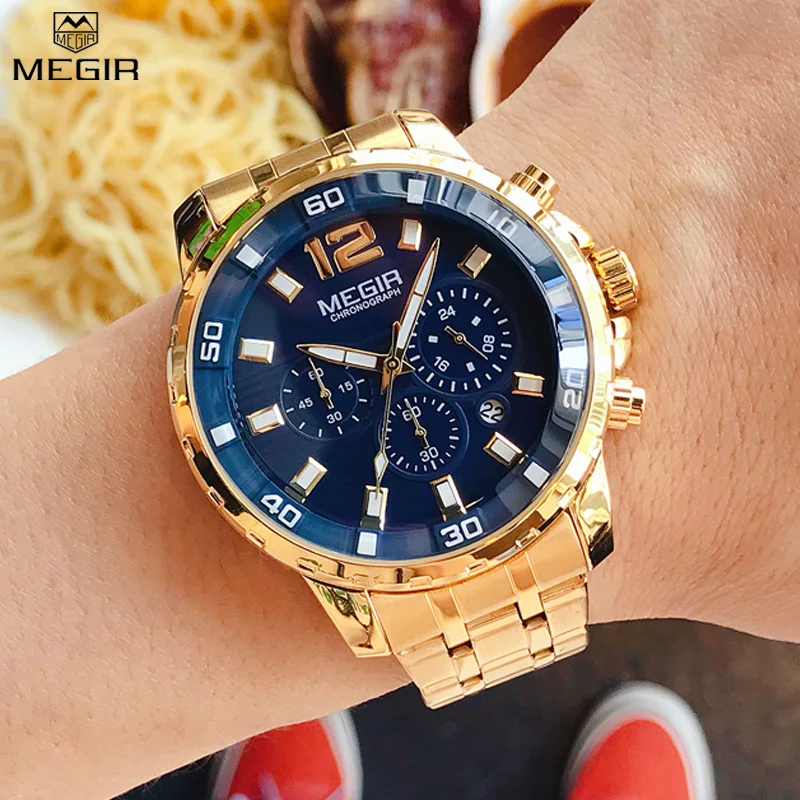 

Chronograph Men's Quartz Watches MEGIR Stainless Steel Band Waterproof Calendar Male Clock Business Man Watch Montre Homme